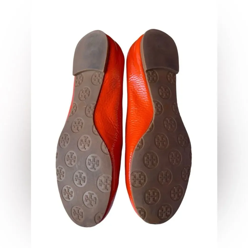 Tory Burch Minnie Travel Orange Patent Leather w/ Brass Logo Ballet Flats 7